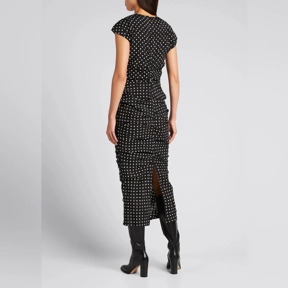 Rachel Comey New Delirium Silk Polka Dot Ruched Midi Short Sleeve Dress Black - Picture 4 of 14